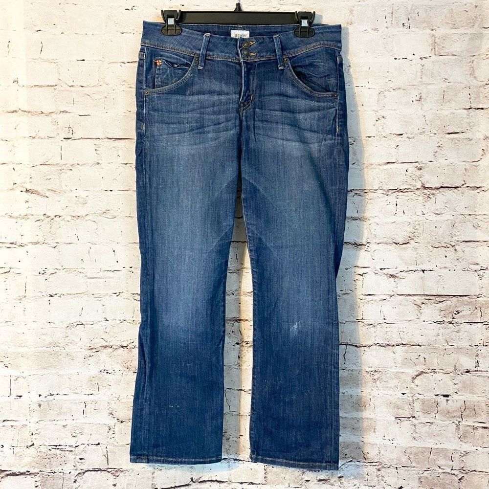 Hudson Womens Straight Leg Medium Dark Wash Jeans Flap Pocket Distressed Size 28
